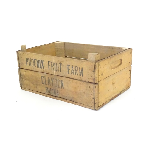 270 - A 20thC wooden fruit crate stamped Phoenix Fruit Farm, Claydon, Bucks. Approx. 7 1/4