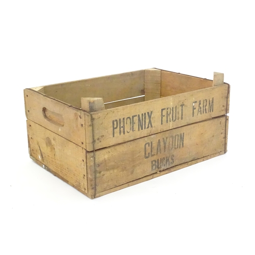 270 - A 20thC wooden fruit crate stamped Phoenix Fruit Farm, Claydon, Bucks. Approx. 7 1/4