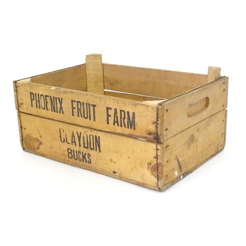 270 - A 20thC wooden fruit crate stamped Phoenix Fruit Farm, Claydon, Bucks. Approx. 7 1/4