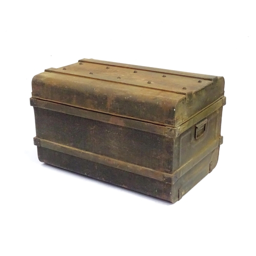 345 - An old metal trunk / chest with twin handles. Approx. 18 1/4