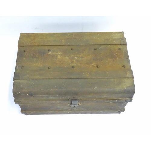 345 - An old metal trunk / chest with twin handles. Approx. 18 1/4