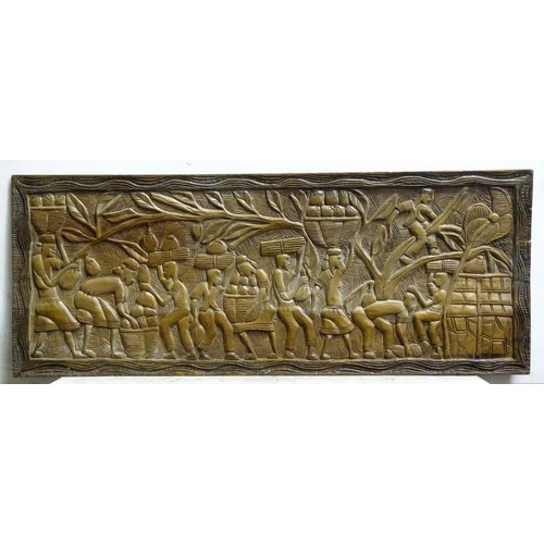 347 - Two tribal carved wooden panels, one depicting a harvest scene with figures. Largest approx. 18