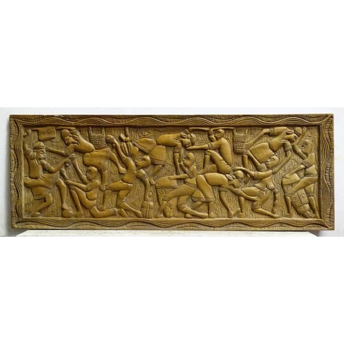347 - Two tribal carved wooden panels, one depicting a harvest scene with figures. Largest approx. 18