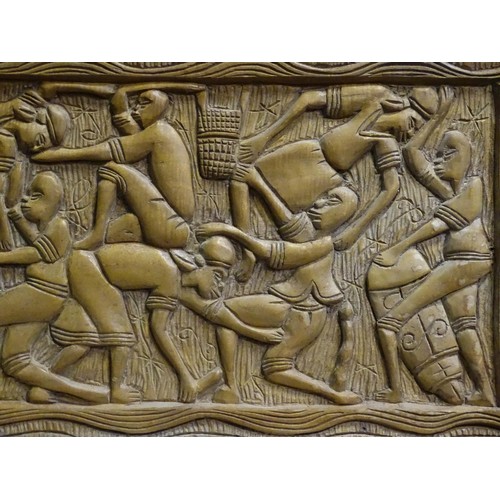 347 - Two tribal carved wooden panels, one depicting a harvest scene with figures. Largest approx. 18