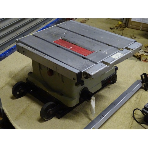 907 - A Rexon BT2502AE electric bench saw, with folding base and castors, together with an electric tile c... 