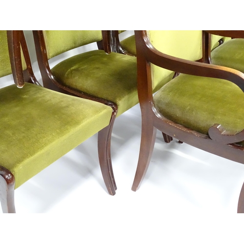 962 - A set of eight mid to late 20thC dining chairs (6+2), of afrormosia construction with olive green up... 