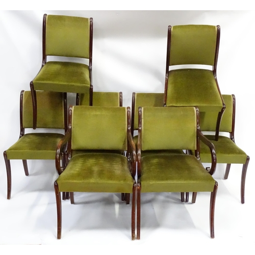 962 - A set of eight mid to late 20thC dining chairs (6+2), of afrormosia construction with olive green up... 