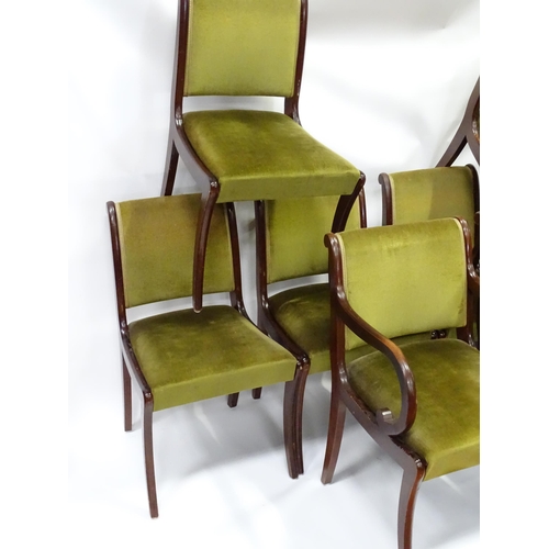 962 - A set of eight mid to late 20thC dining chairs (6+2), of afrormosia construction with olive green up... 