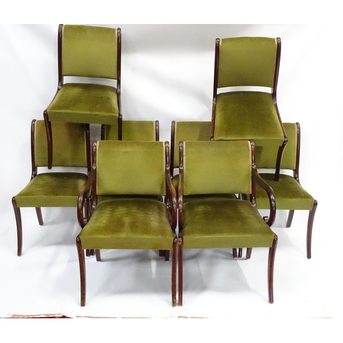 962 - A set of eight mid to late 20thC dining chairs (6+2), of afrormosia construction with olive green up... 