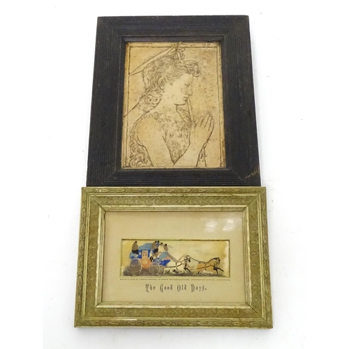 792 - A Victorian silk stevengraph The Good Old Days, together with a framed tile depicting John the Bapti... 