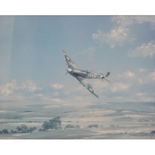 228 - Six assorted prints to include a spitfire in flight after John Young, Merlin's Thunder Lancaster Dep... 