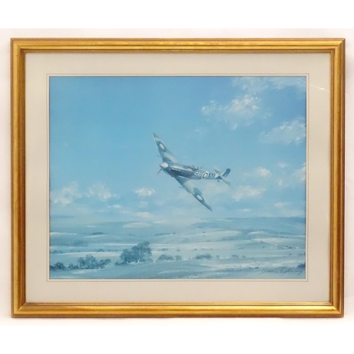 228 - Six assorted prints to include a spitfire in flight after John Young, Merlin's Thunder Lancaster Dep... 