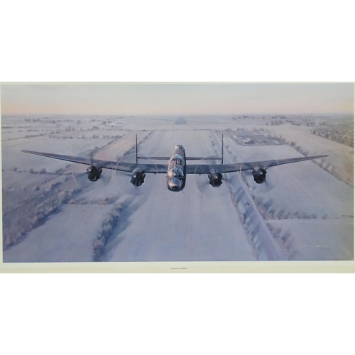 228 - Six assorted prints to include a spitfire in flight after John Young, Merlin's Thunder Lancaster Dep... 