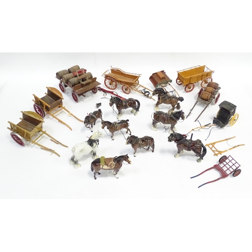 356 - A large quantity of ceramic horses with wooden carriages / wagons / buggies / carts, etc. To include... 