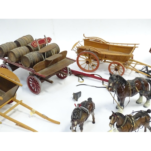 356 - A large quantity of ceramic horses with wooden carriages / wagons / buggies / carts, etc. To include... 
