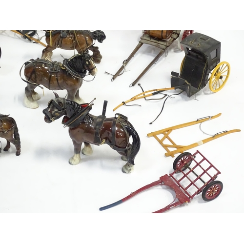356 - A large quantity of ceramic horses with wooden carriages / wagons / buggies / carts, etc. To include... 