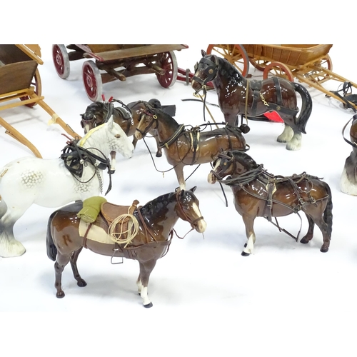 356 - A large quantity of ceramic horses with wooden carriages / wagons / buggies / carts, etc. To include... 