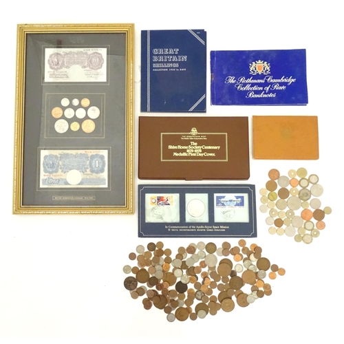 468 - A quantity of assorted banknotes and coins, including a framed presentation set entitled 'British Ba... 