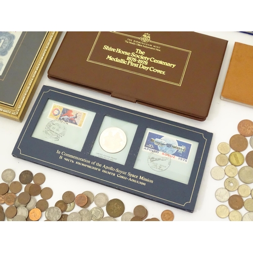 468 - A quantity of assorted banknotes and coins, including a framed presentation set entitled 'British Ba... 