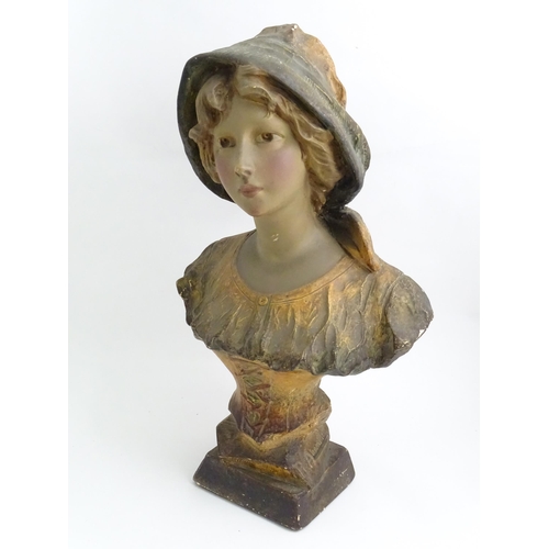 91 - After Richard Aurili (1834-1914), An Italian plaster bust depicting a young lady wearing a hat, with... 