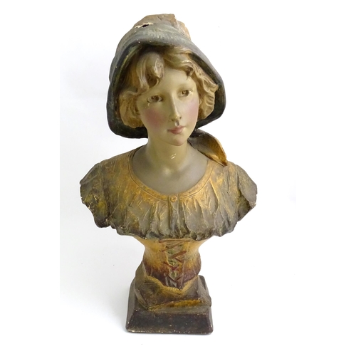 91 - After Richard Aurili (1834-1914), An Italian plaster bust depicting a young lady wearing a hat, with... 