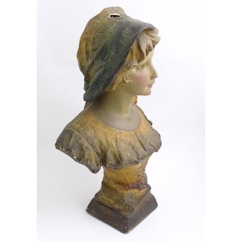 91 - After Richard Aurili (1834-1914), An Italian plaster bust depicting a young lady wearing a hat, with... 