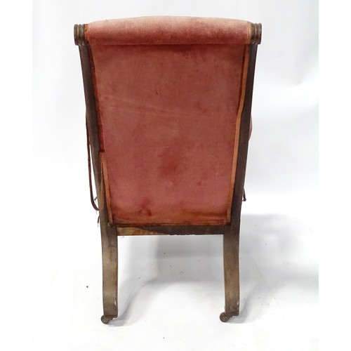 334 - A 19thc open armchair with scroll backrest, fluted frame and scrolled arms, on squared tapering fron... 