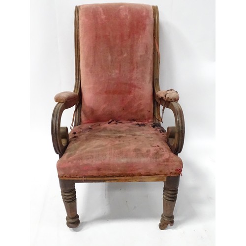 334 - A 19thc open armchair with scroll backrest, fluted frame and scrolled arms, on squared tapering fron... 