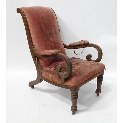 334 - A 19thc open armchair with scroll backrest, fluted frame and scrolled arms, on squared tapering fron... 