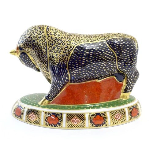 198 - A Royal Crown Derby paperweight modelled as a Grecian Bull decorated in the Imari pattern with gilt ... 