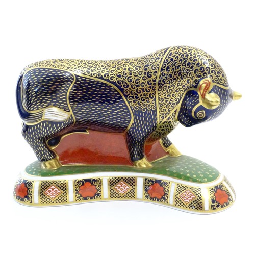 198 - A Royal Crown Derby paperweight modelled as a Grecian Bull decorated in the Imari pattern with gilt ... 