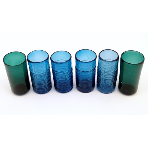 284 - Assorted vintage retro art glass drinking glasses of cylindrical form with banded detail.  Tallest a... 