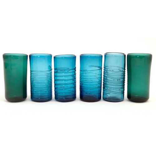 284 - Assorted vintage retro art glass drinking glasses of cylindrical form with banded detail.  Tallest a... 