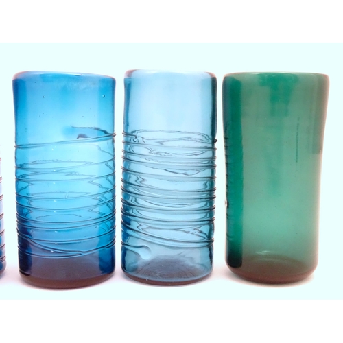 284 - Assorted vintage retro art glass drinking glasses of cylindrical form with banded detail.  Tallest a... 