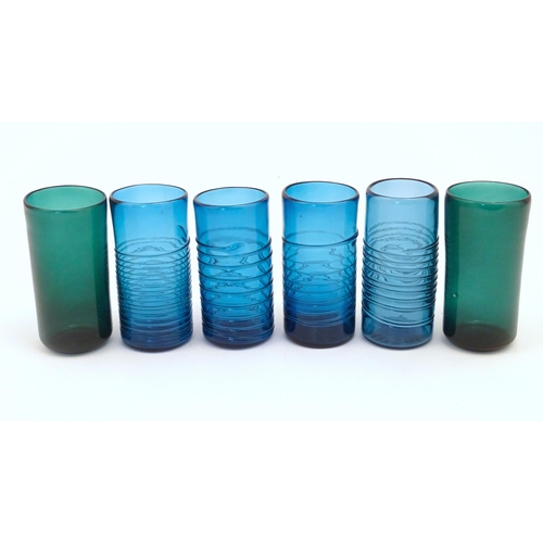 284 - Assorted vintage retro art glass drinking glasses of cylindrical form with banded detail.  Tallest a... 