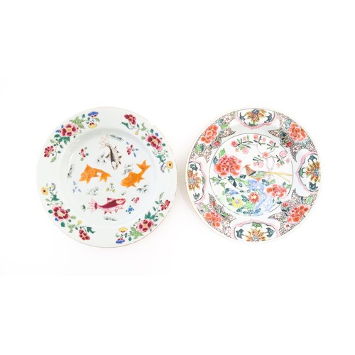 1 - Two Chinese famille rose plates, one decorated with koi / carp fish to centre bordered by flowers an... 