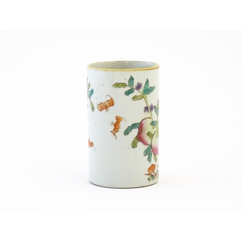 5 - A Chinese famille rose peach brush pot, decorated with peaches, blossom and bats. Approx. 4 3/4
