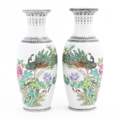 12 - A pair of Chinese vases, each decorated with a peacock perched on a branch with flowers and foliage,... 