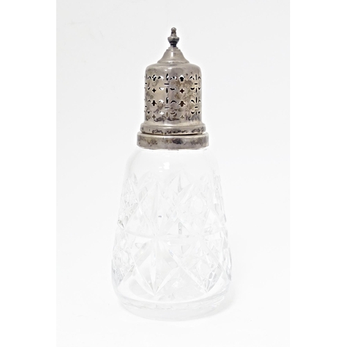 540 - A Tudor Crystal cut glass sugar caster with silver top, hallmarked Birmingham 1986, maker W. I. Broa... 