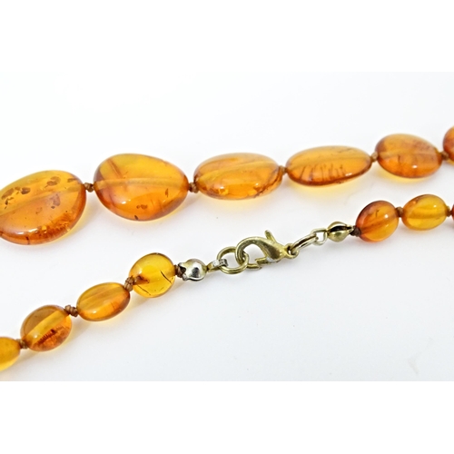 782 - Three various amber coloured bead necklaces. The longest also set with lapis lazuli beads. Approx 20... 