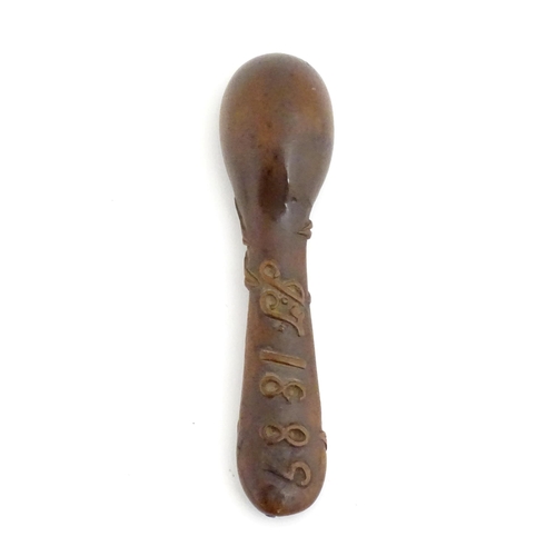 1165 - A Victorian carved wooden treen spoon with stylised vine leaf decoration, signed J. J. 1889 under. A... 