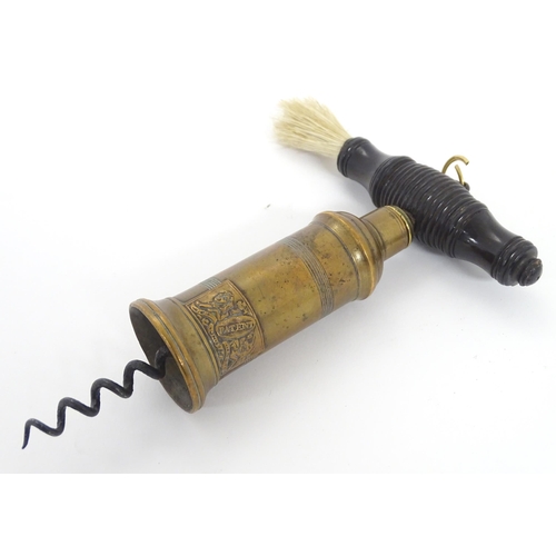 1196 - Kitchenalia: a 19thC Patent King's Pattern corkscrew, the turned lignum vitae handle with brush affi... 