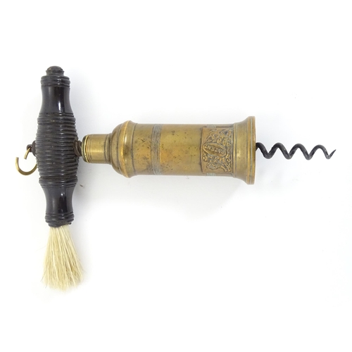 1196 - Kitchenalia: a 19thC Patent King's Pattern corkscrew, the turned lignum vitae handle with brush affi... 