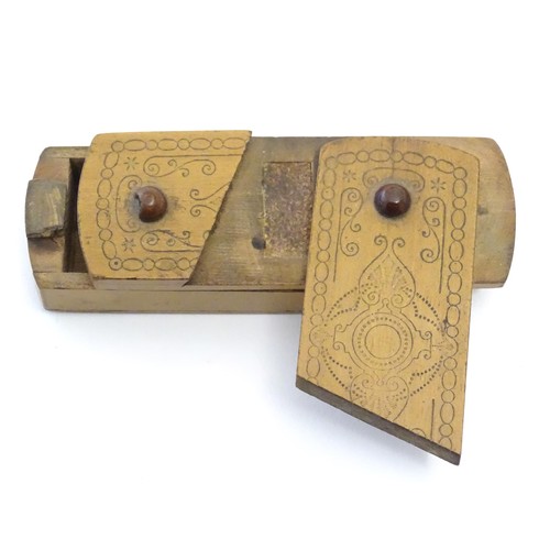 1274 - A late 19th / early 20thC vesta puzzle box with concealed match striker and match keep. Approx. 3 1/... 