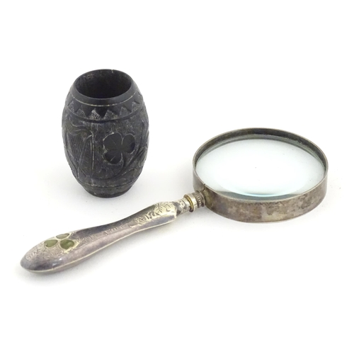 1282 - A 20thC Irish magnifying glass with silver plate handle with inlaid shamrock decoration. Together wi... 