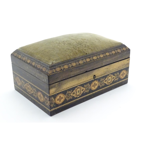 1295A - A 19thC Tunbridge ware box with banded decoration and pin cushion to top, by Thomas Barton. Label un... 