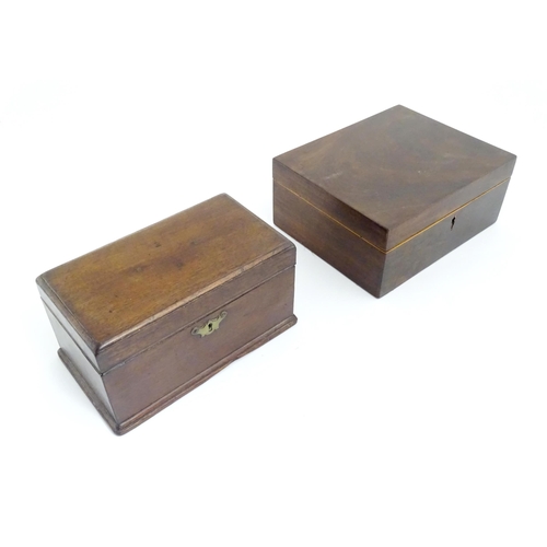 1300 - A 19thC mahogany box with hinged lid. Together with a 19thC mahogany caddy box.. Largest approx. 4 3... 