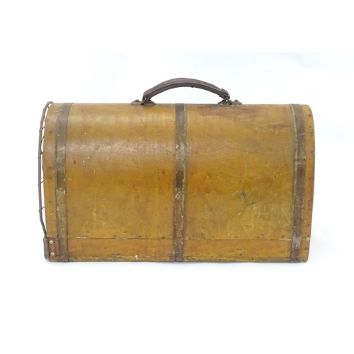 1313 - An early to mid 20thC pet carrier, of bentwood construction with cage door and leather handle. Appro... 