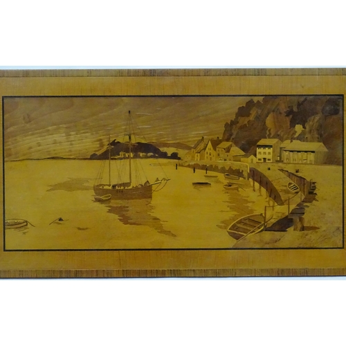 1362 - A 20thC Rowley Gallery style marquetry panel depicting a harbour scene with moored boats. Approx. 21... 