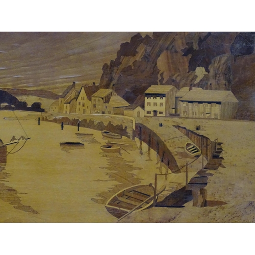 1362 - A 20thC Rowley Gallery style marquetry panel depicting a harbour scene with moored boats. Approx. 21... 